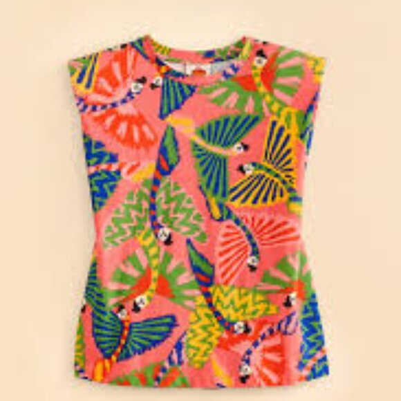 NWOT Farm Rio Coral Graphic Macaw Tropical Tee Shoulder Pads 100% Cotton LARGE - Picture 1 of 13